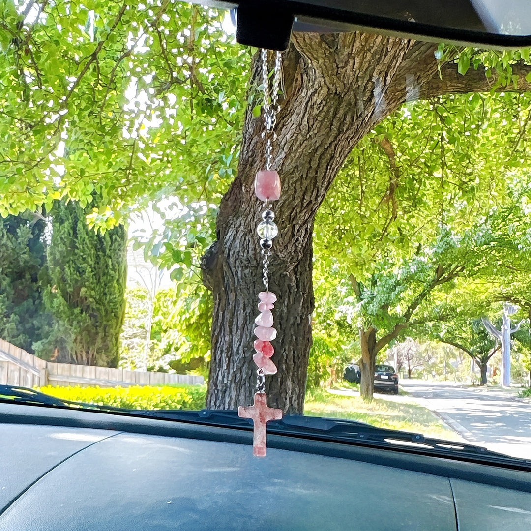 Christianartworkshop Intricate Natural Stone Car Ornament with Crystal Chips and Cross Pendant: A Graceful Keepsake of Faith - Strawberry Quartz - image 0