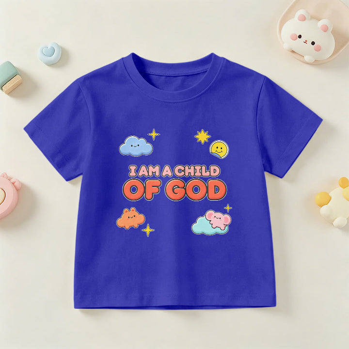 Christianartworkshop Whimsical Smiling Cloud and Sun Accent I Am a Child of God Kids T-Shirt - Blue - US/UK/AU 14, EU170 - image 3