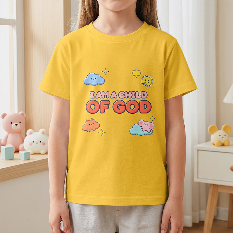 Christianartworkshop Whimsical Smiling Cloud and Sun Accent I Am a Child of God Kids T-Shirt - image 29