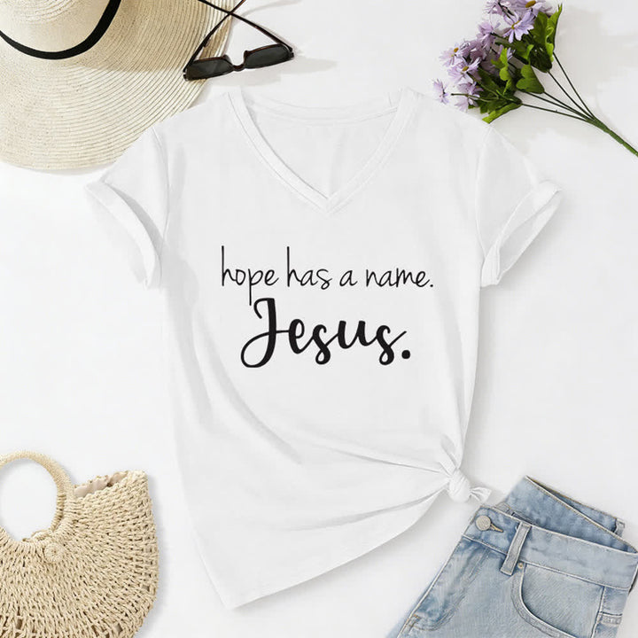 Christianartworkshop Hope Has A Name Jesus Print V-Neck T-shirt - White - 2XL - image 4