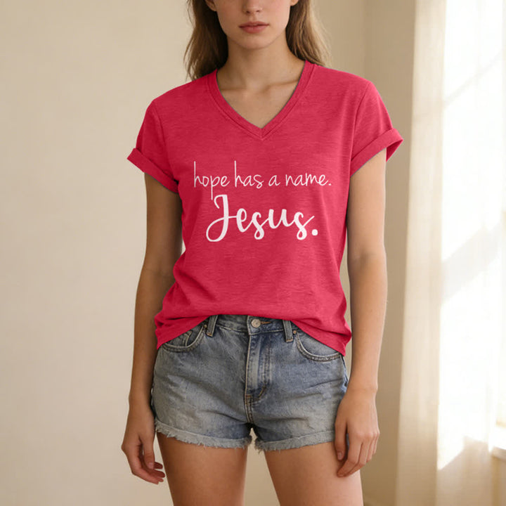 Christianartworkshop Hope Has A Name Jesus Print V-Neck T-shirt - image 21
