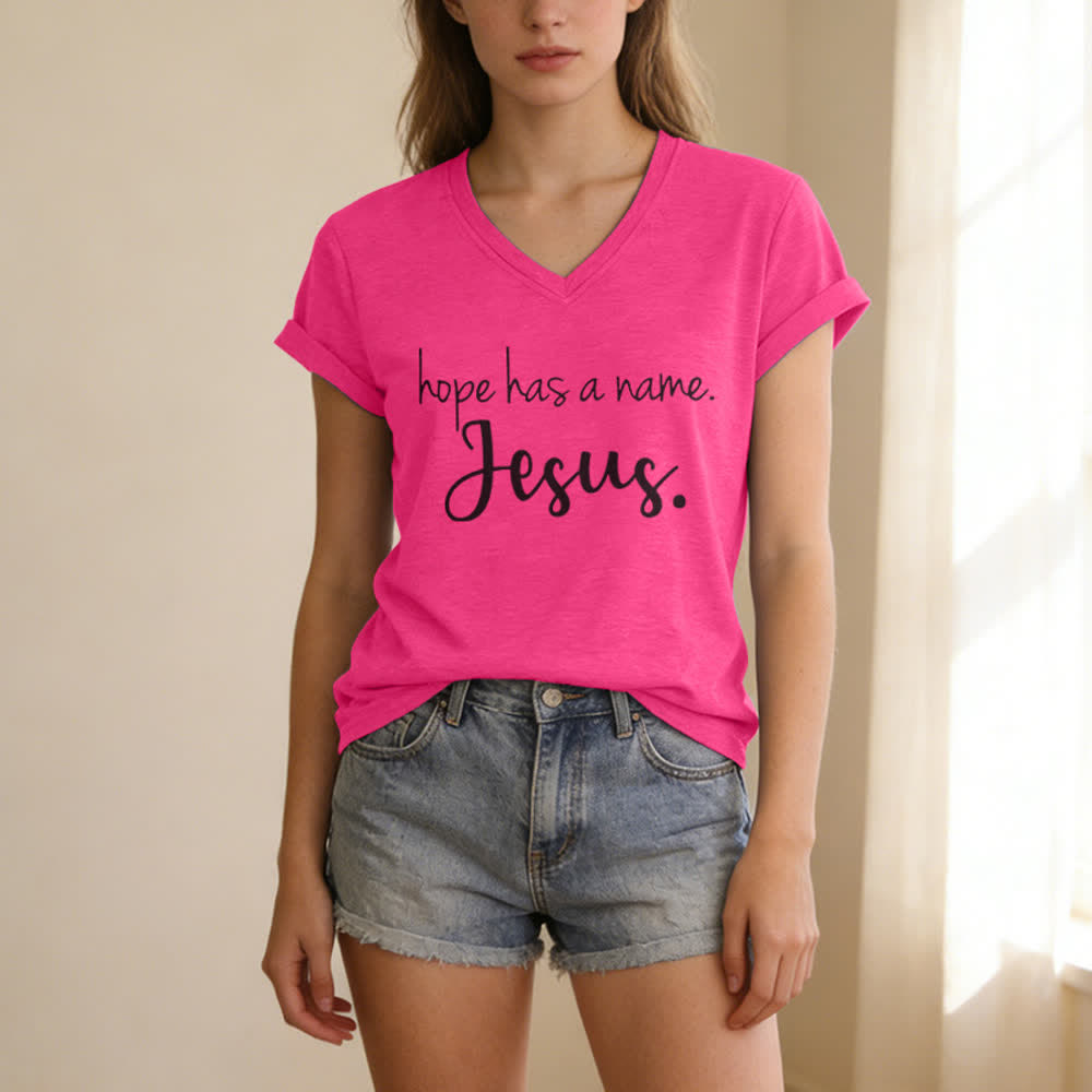 Christianartworkshop Hope Has A Name Jesus Print V-Neck T-shirt - image 23