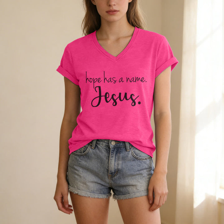 Christianartworkshop Hope Has A Name Jesus Print V-Neck T-shirt - image 23