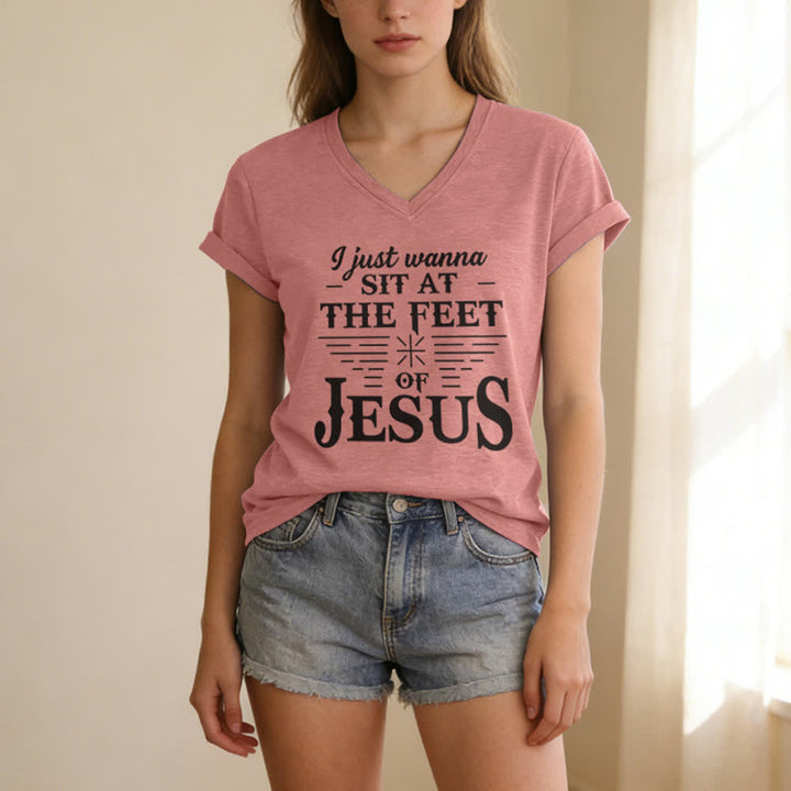 Christianartworkshop I Just Wanna Sit At The Feet of Jesus Print V-Neck T-shirt - image 19