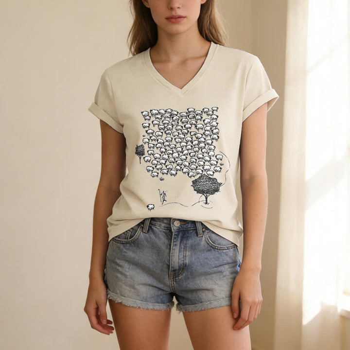 Christianartworkshop Flock of Sheep Graphic Print V-Neck T-shirt - image 1