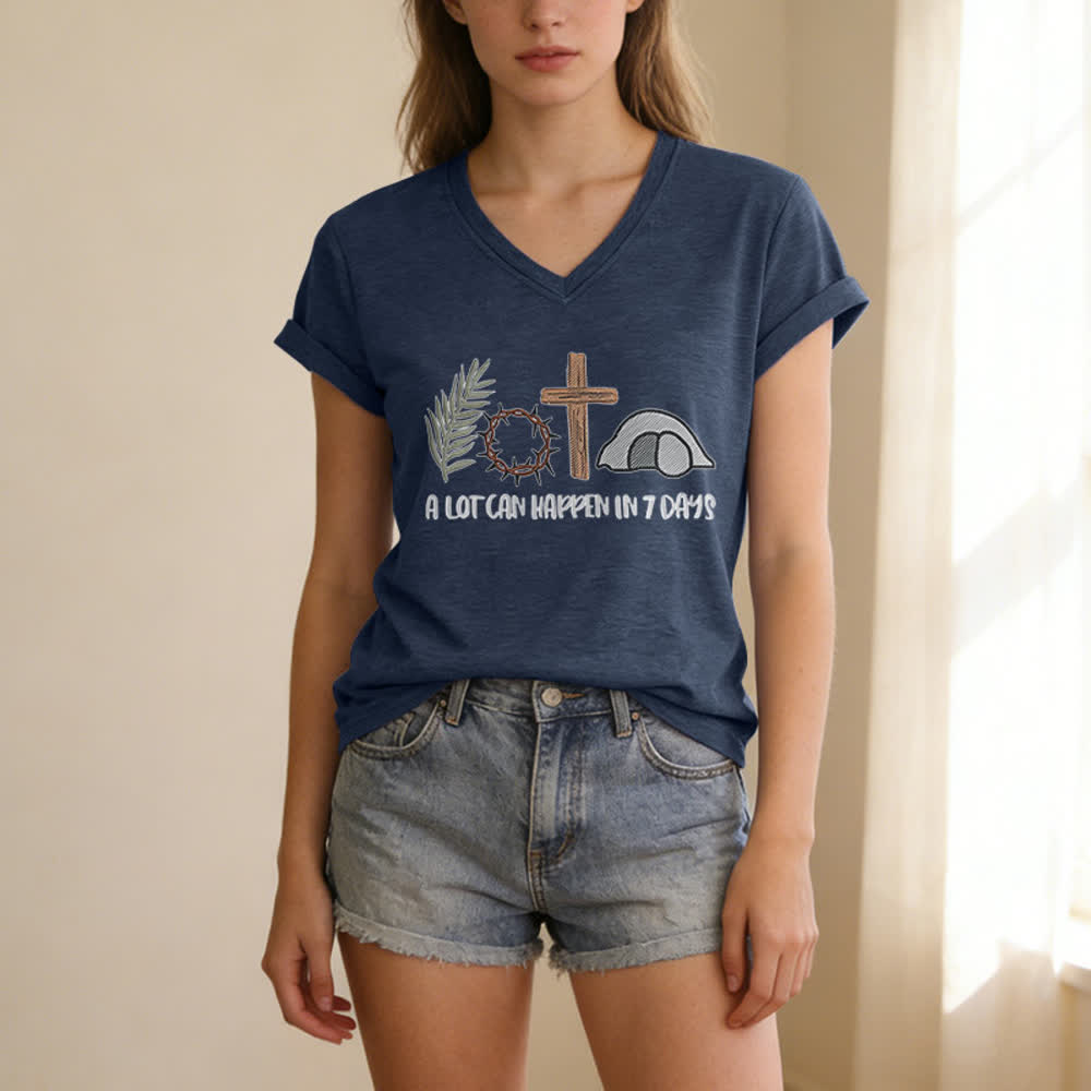 Christianartworkshop Easter Faith A Lot Can Happend In 7 Days Print V-Neck T-shirt - image 17