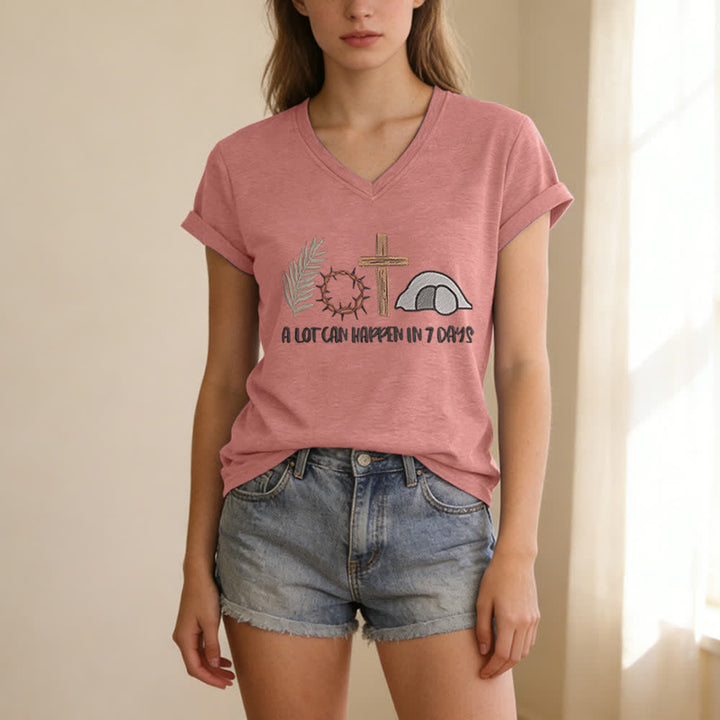 Christianartworkshop Easter Faith A Lot Can Happend In 7 Days Print V-Neck T-shirt - image 19