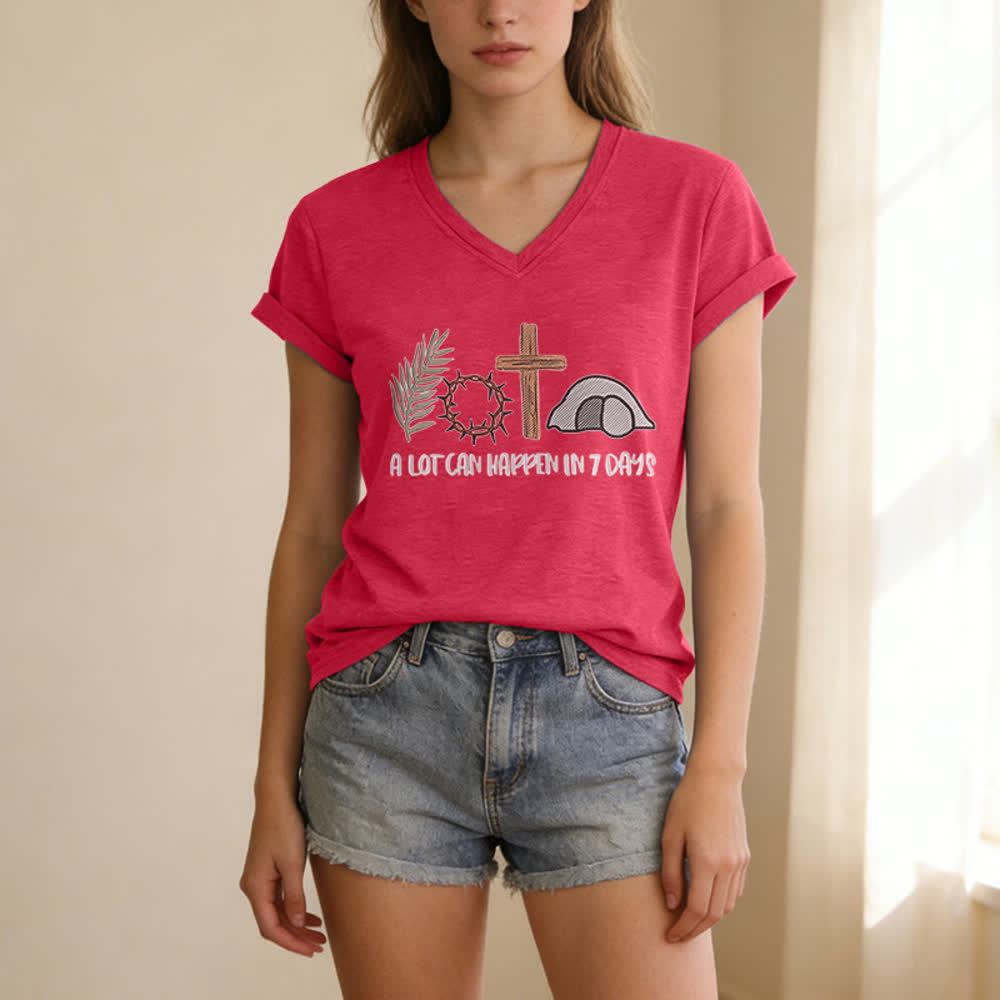 Christianartworkshop Easter Faith A Lot Can Happend In 7 Days Print V-Neck T-shirt - image 21