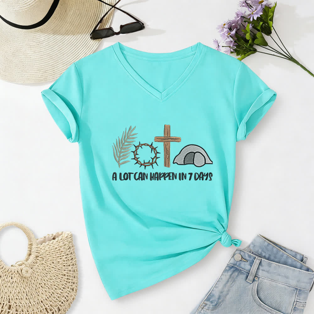 Christianartworkshop Easter Faith A Lot Can Happend In 7 Days Print V-Neck T-shirt - Sky Blue - 2XL - image 14