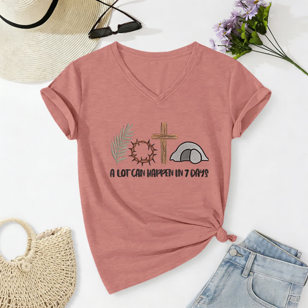 Christianartworkshop Easter Faith A Lot Can Happend In 7 Days Print V-Neck T-shirt - Light Pink - 2XL - image 18