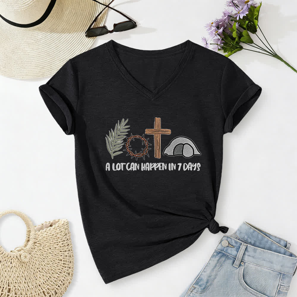 Christianartworkshop Easter Faith A Lot Can Happend In 7 Days Print V-Neck T-shirt - Black - 2XL - image 2