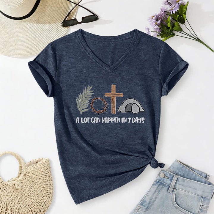 Christianartworkshop Easter Faith A Lot Can Happend In 7 Days Print V-Neck T-shirt - Navy Blue - 2XL - image 16