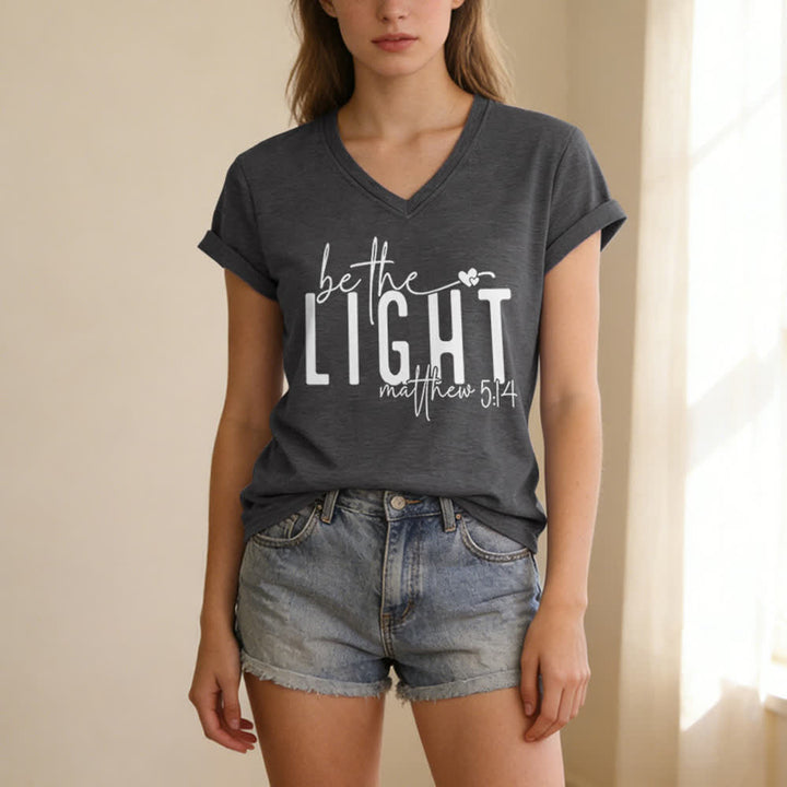 Christianartworkshop Women's Be The Light Faith Print V-Neck T-shirt - image 7