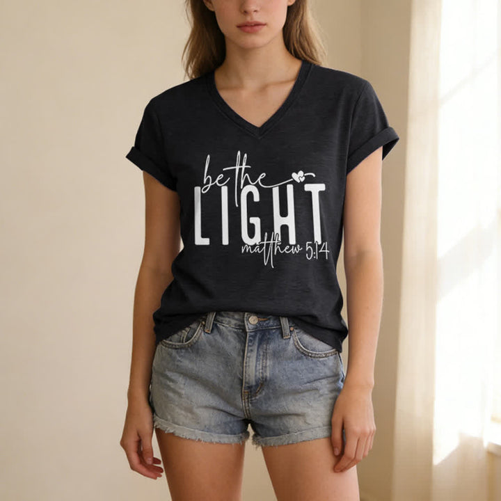 Christianartworkshop Women's Be The Light Faith Print V-Neck T-shirt - image 3
