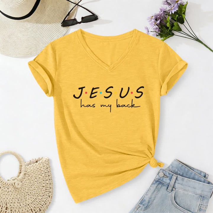 Christianartworkshop Women's Jesus Has My Back Print V-Neck T-shirt - Yellow - 2XL - image 10