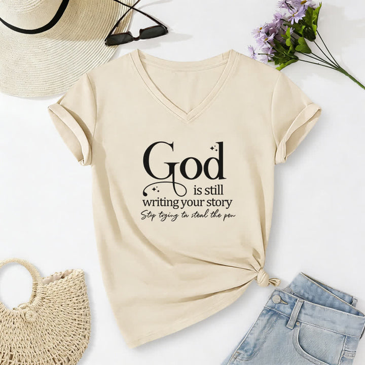 Christianartworkshop Women's God Is Still Writing Your Story Print V-Neck T-shirt - Beige - 2XL - image 8