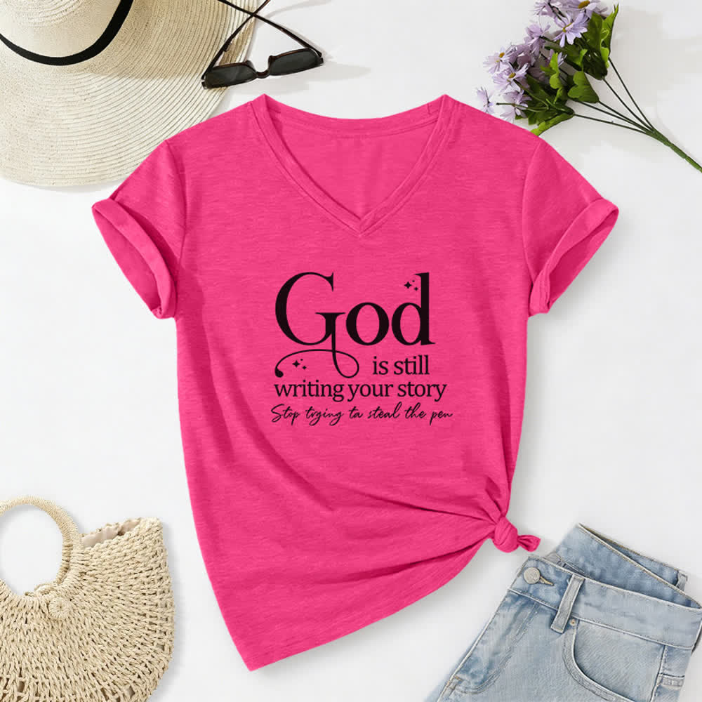 Christianartworkshop Women's God Is Still Writing Your Story Print V-Neck T-shirt - Rose - 2XL - image 24