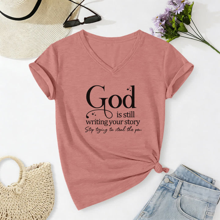 Christianartworkshop Women's God Is Still Writing Your Story Print V-Neck T-shirt - Light Pink - 2XL - image 20