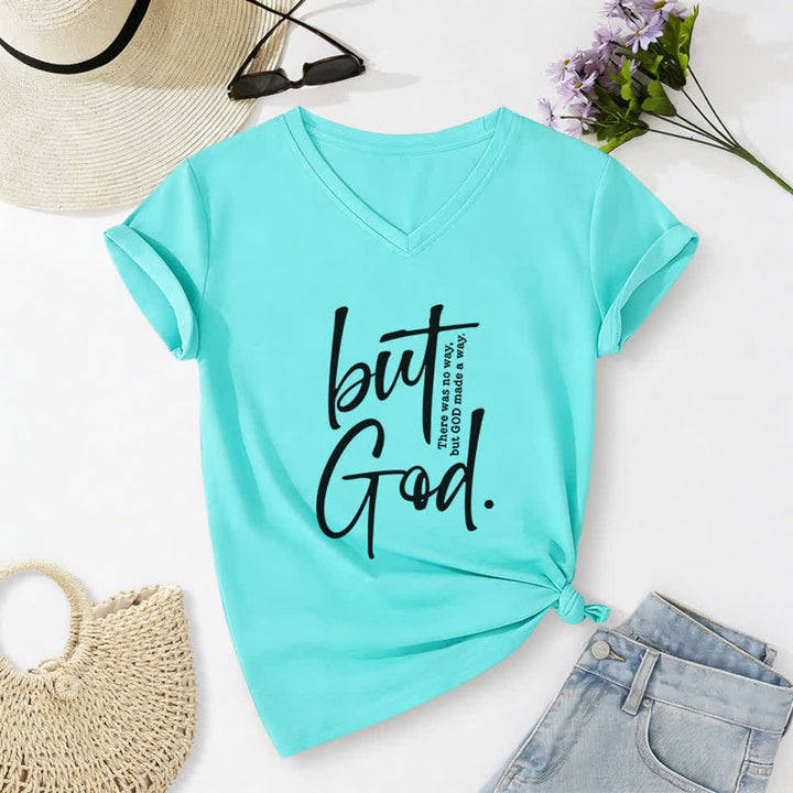 Christianartworkshop Women's Faith Christian But God Bible Verse Print V-Neck T-shirt - Sky Blue - 2XL - image 14