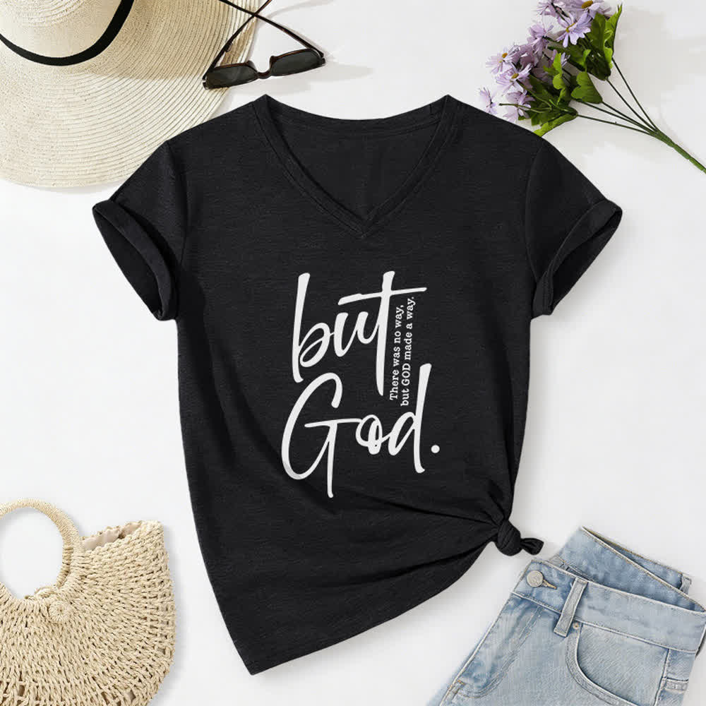 Christianartworkshop Women's Faith Christian But God Bible Verse Print V-Neck T-shirt - Black - 2XL - image 2
