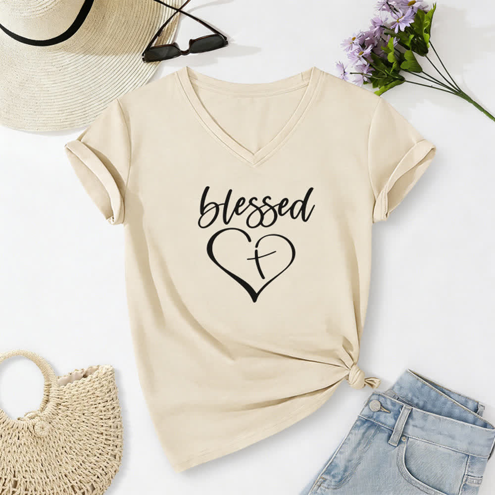 Christianartworkshop Women's Blessed Love Cross Jesus Has My Back Print V-Neck T-shirt - Beige - 2XL - image 0
