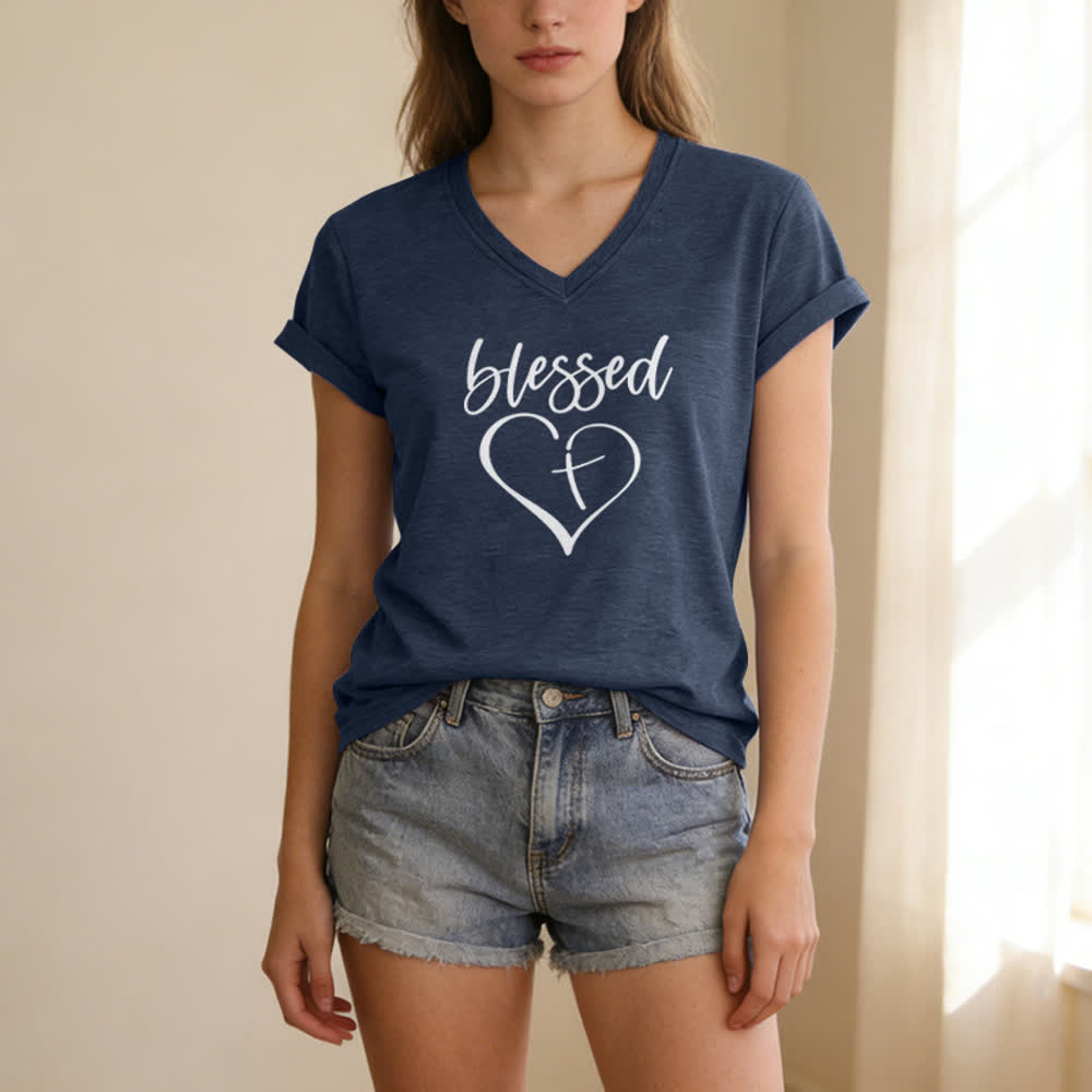 Christianartworkshop Women's Blessed Love Cross Jesus Has My Back Print V-Neck T-shirt - image 17
