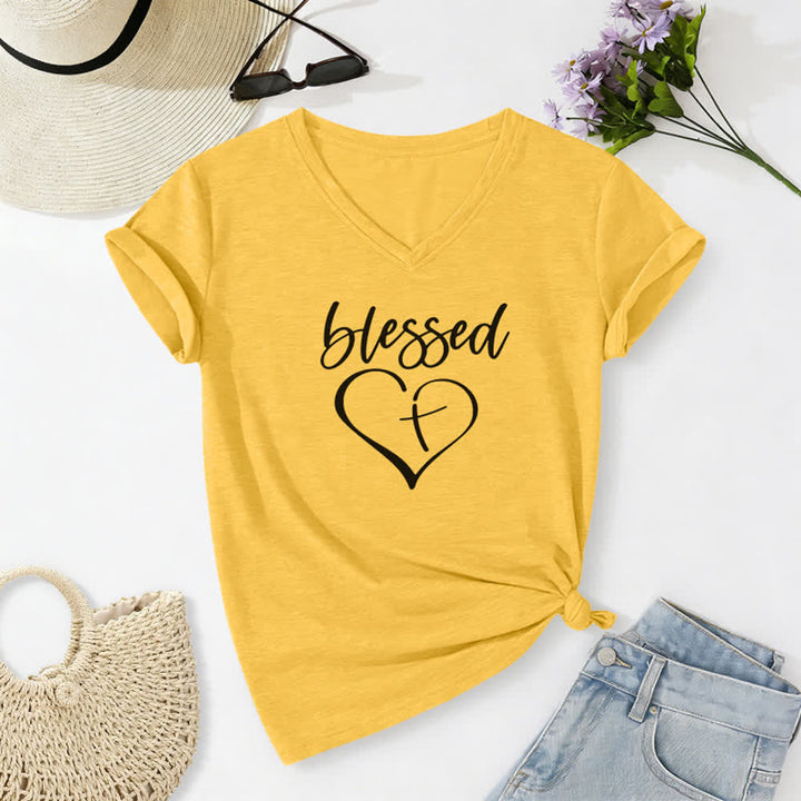 Christianartworkshop Women's Blessed Love Cross Jesus Has My Back Print V-Neck T-shirt - Yellow - 2XL - image 8