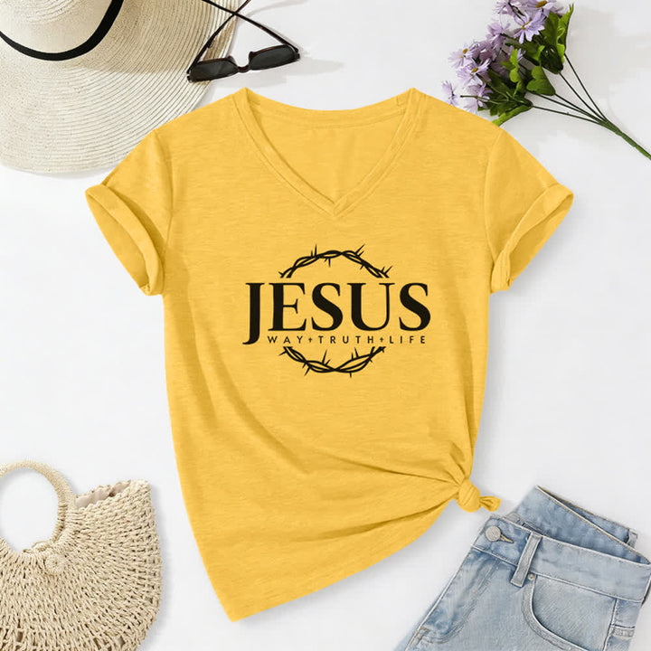 Christianartworkshop Women's Jesus Print Casual Print V-Neck T-shirt - Yellow - 2XL - image 8