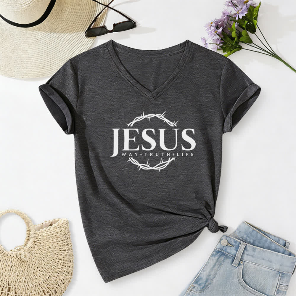 Christianartworkshop Women's Jesus Print Casual Print V-Neck T-shirt - Dark Grey - 2XL - image 4