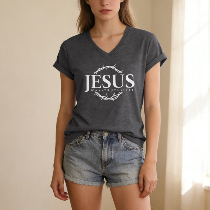 Christianartworkshop Women's Jesus Print Casual Print V-Neck T-shirt - image 5