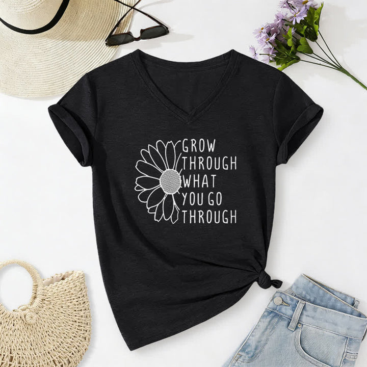 ChristianartworkshopWomen's Grow Through What You Go Through Print V-Neck T-shirt - Black - 2XL - image 2