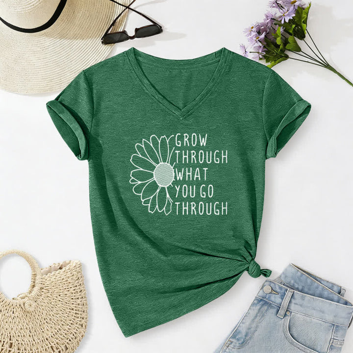 ChristianartworkshopWomen's Grow Through What You Go Through Print V-Neck T-shirt - Dark Green - 2XL - image 12