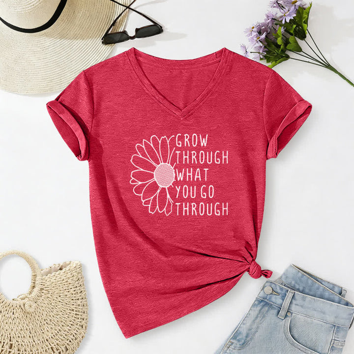 ChristianartworkshopWomen's Grow Through What You Go Through Print V-Neck T-shirt - Red - 2XL - image 20