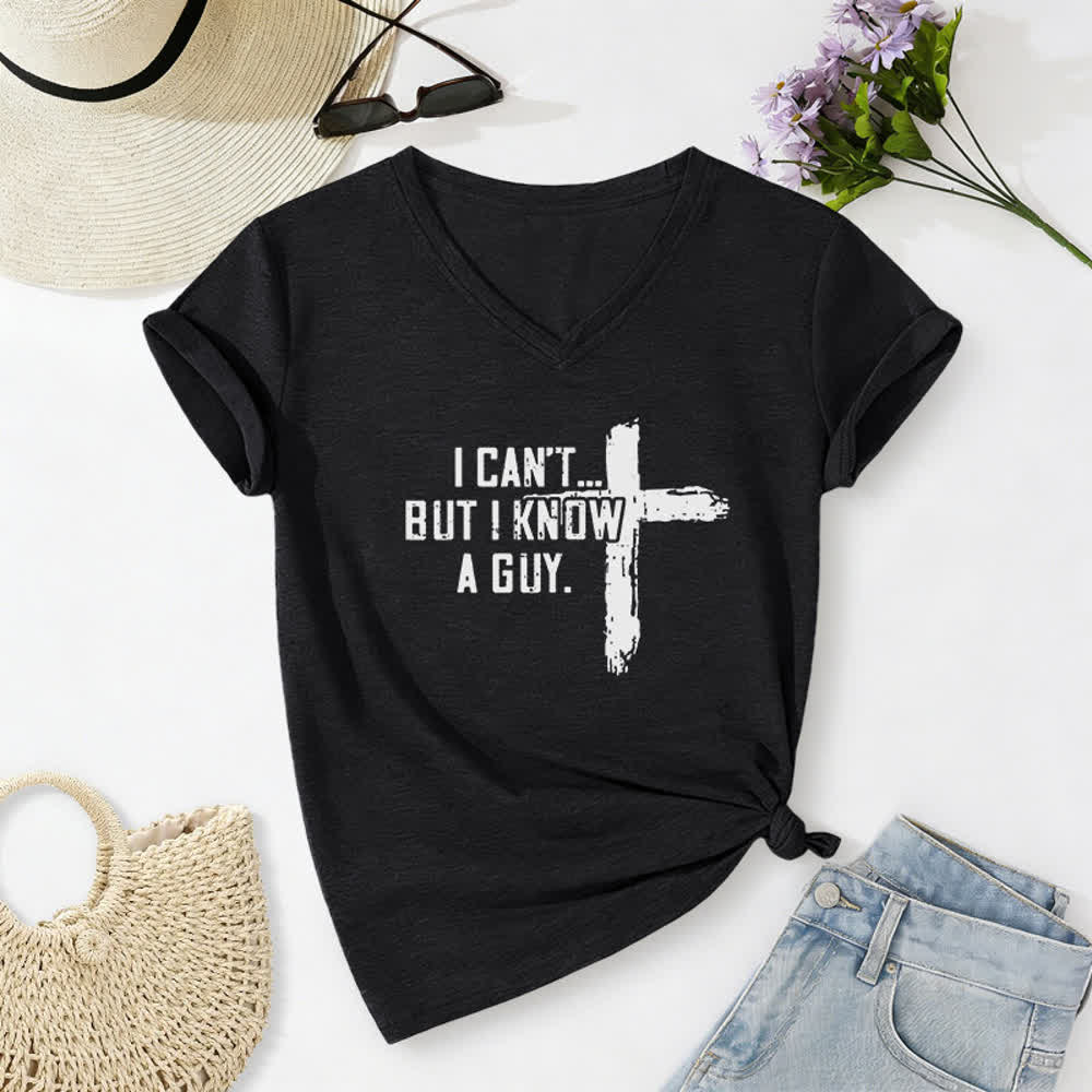 Christianartworkshop Women's I Can't But I Know A Guy Faith Print V-Neck T-shirt - Black - 2XL - image 2