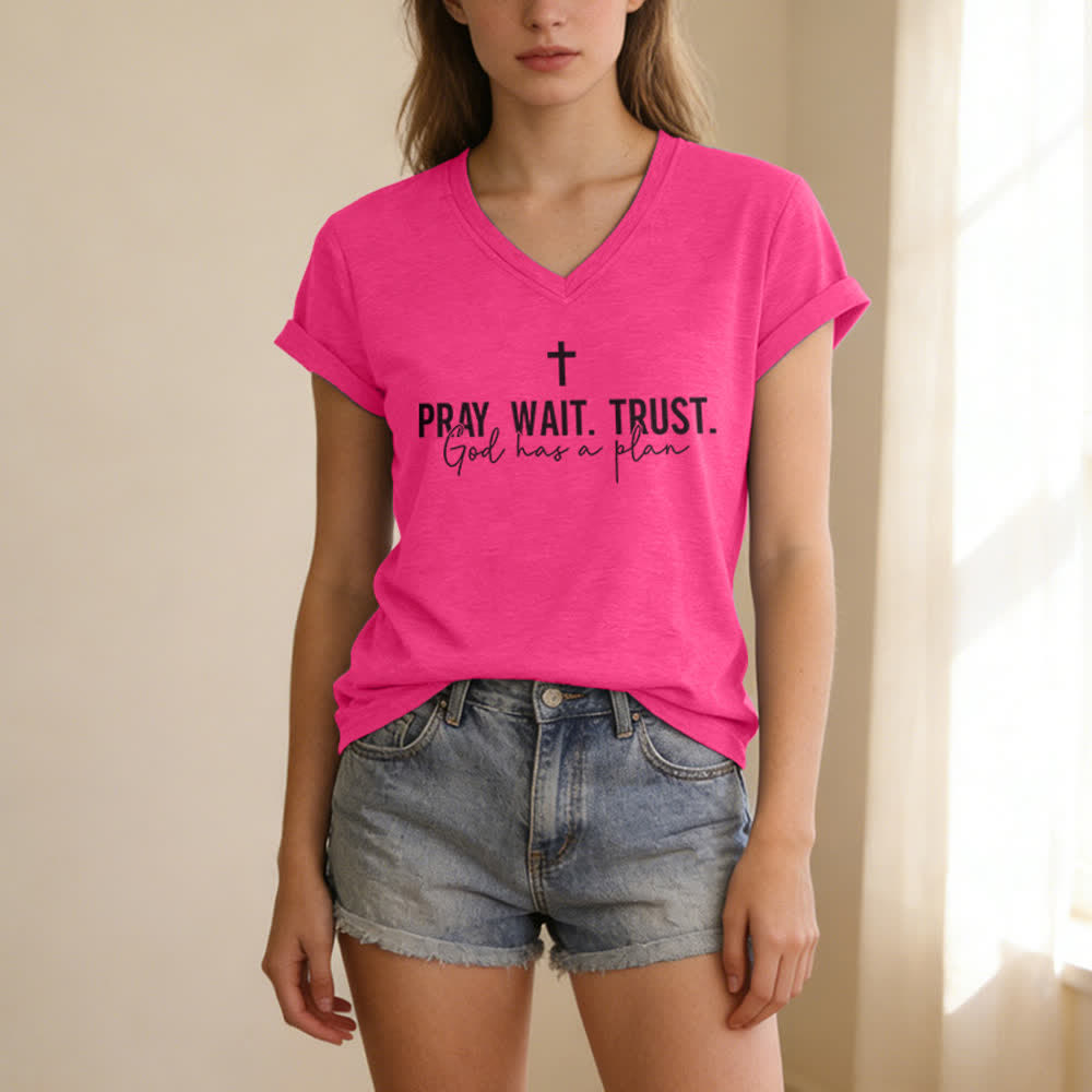 Christianartworkshop Women's Pray Wait Trust God Has a Plan V-Neck T-shirt - image 23