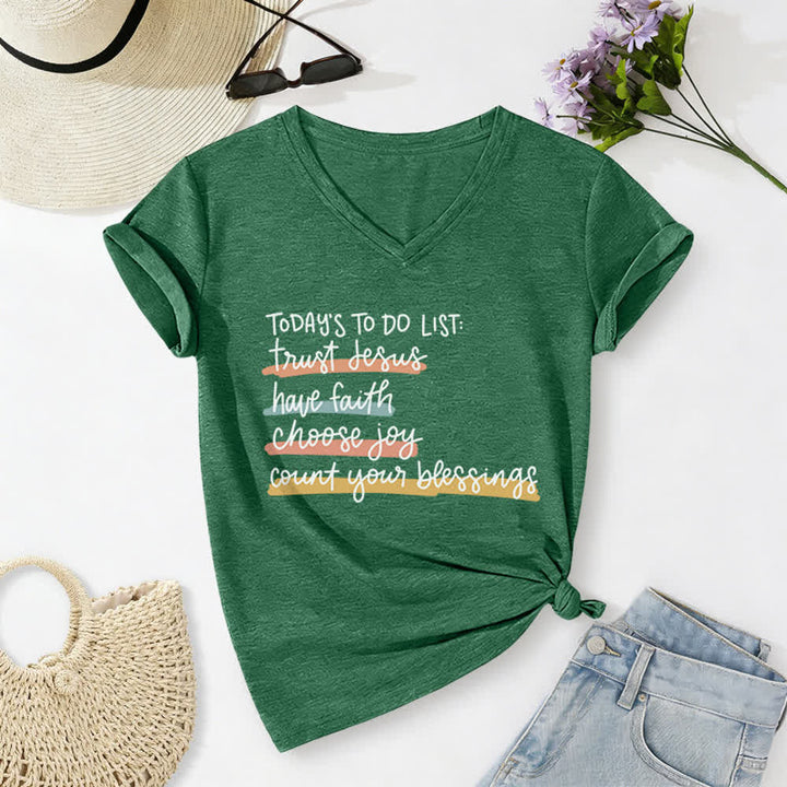 Christianartworkshop Today 's To-Do List Trust Jesus Have Faith Choose Joy Casual V-Neck T-shirt - Dark Green - 2XL - image 14