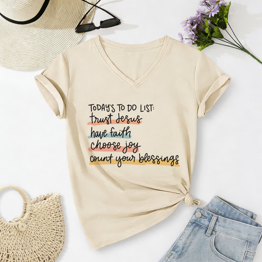 Christianartworkshop Today 's To-Do List Trust Jesus Have Faith Choose Joy Casual V-Neck T-shirt - Beige - 2XL - image 8