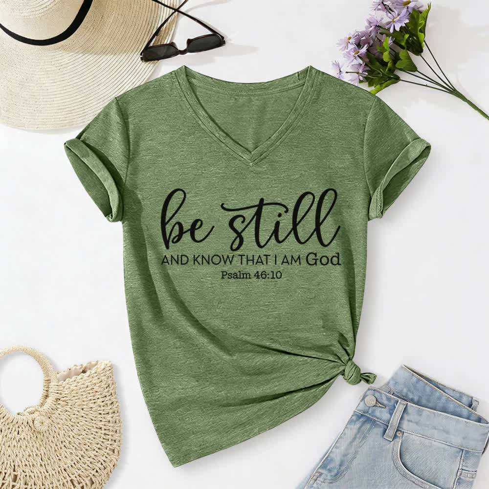 Christianartworkshop Women's Be Still And Know That I Am God Casual V-neck T-shirt - Olive Green - 2XL - image 10