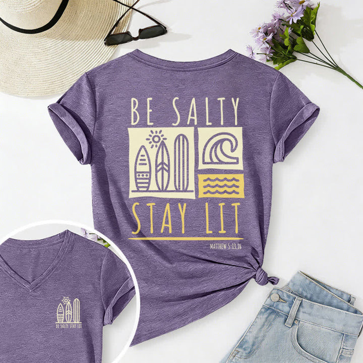 Christianartworkshop Women's Be Salty Stay Lit Printed Casual V-neck T-shirt - Purple - 2XL - image 60