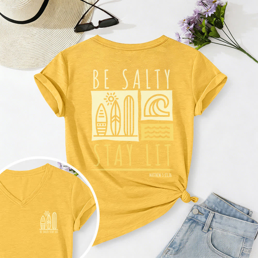 Christianartworkshop Women's Be Salty Stay Lit Printed Casual V-neck T-shirt - Yellow - 2XL - image 25