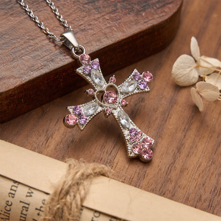Christianartworkshop Pink & Purple Tone Zircon Cross Necklace with Heart Accent: A Dazzling Symbol of Love and Devotion - image 3