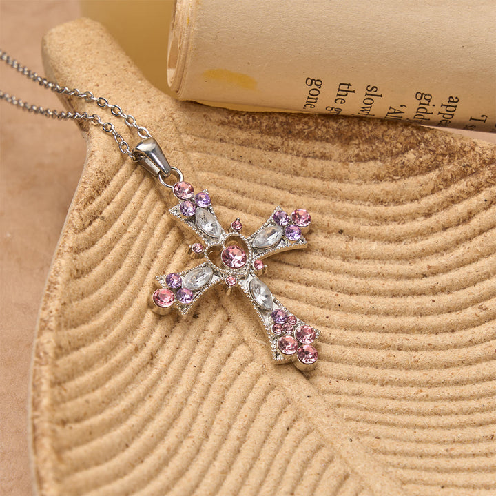 Christianartworkshop Pink & Purple Tone Zircon Cross Necklace with Heart Accent: A Dazzling Symbol of Love and Devotion - image 5