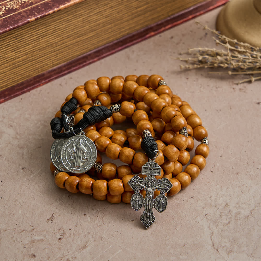 Christianartworkshop Traditional Rustic Wood 5/15/20 Decade Prayer Rosary with St. Benedict Medal & Crucifix - image 5
