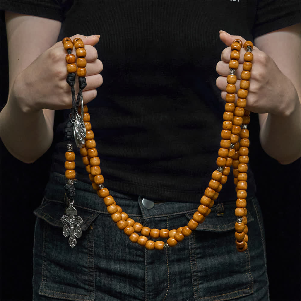 Christianartworkshop Traditional Rustic Wood Fifteen Decade Prayer Rosary with St. Benedict Medal & Crucifix - image 1