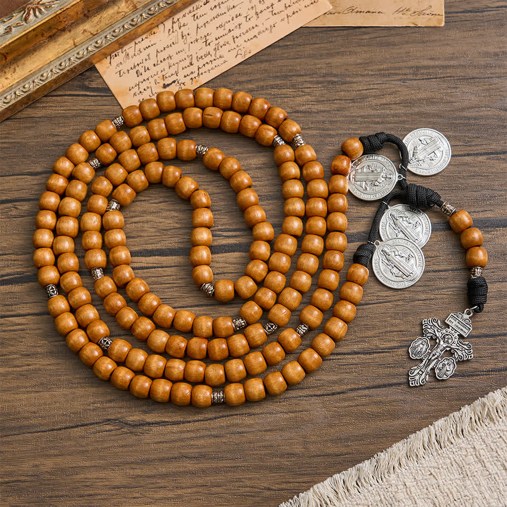 Christianartworkshop Traditional Rustic Wood Fifteen Decade Prayer Rosary with St. Benedict Medal & Crucifix - St. Benedict & Crucifix - image 0