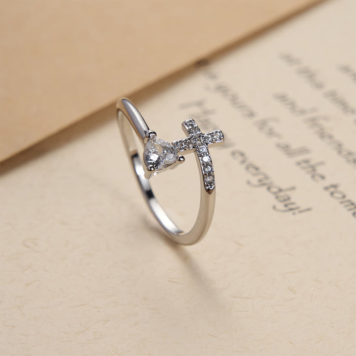 Christianartworkshop Two-Color Adjustable Ring with Paved Cross & Heart Zircon Accents: A Reminder of Sacred Grace - Silver(Suitable for US Sizes 9-12) - image 3