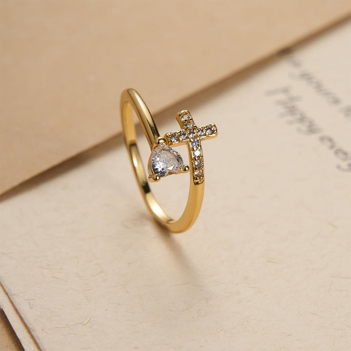 Christianartworkshop Two-Color Adjustable Ring with Paved Cross & Heart Zircon Accents: A Reminder of Sacred Grace - Golden(Suitable for US Sizes 9-12) - image 0
