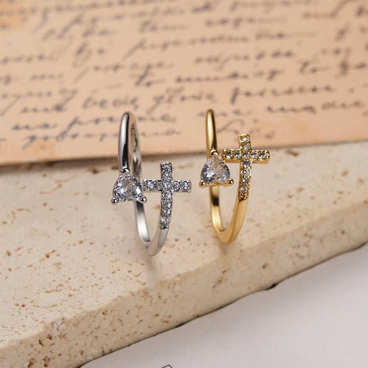 Christianartworkshop Two-Color Adjustable Ring with Paved Cross & Heart Zircon Accents: A Reminder of Sacred Grace - image 1