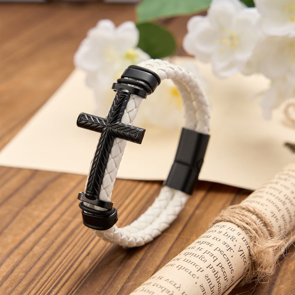 Christianartworkshop 4-Color Braided Leather Cross Bracelet with Embossed Details: A Symbol of Rugged Faith - White - image 3