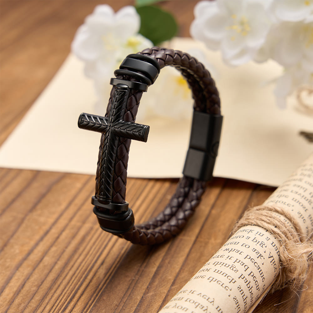Christianartworkshop 10-Color Braided Leather Cross Bracelet with Embossed Details: A Symbol of Rugged Faith - Brown - image 10
